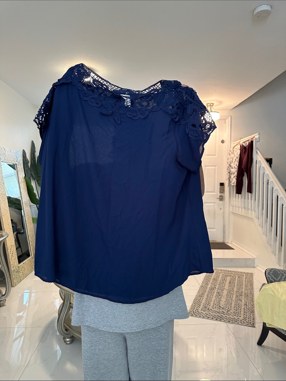 Lace Yoke Navy Blouse - Women's Elegant Cap Sleeve Top